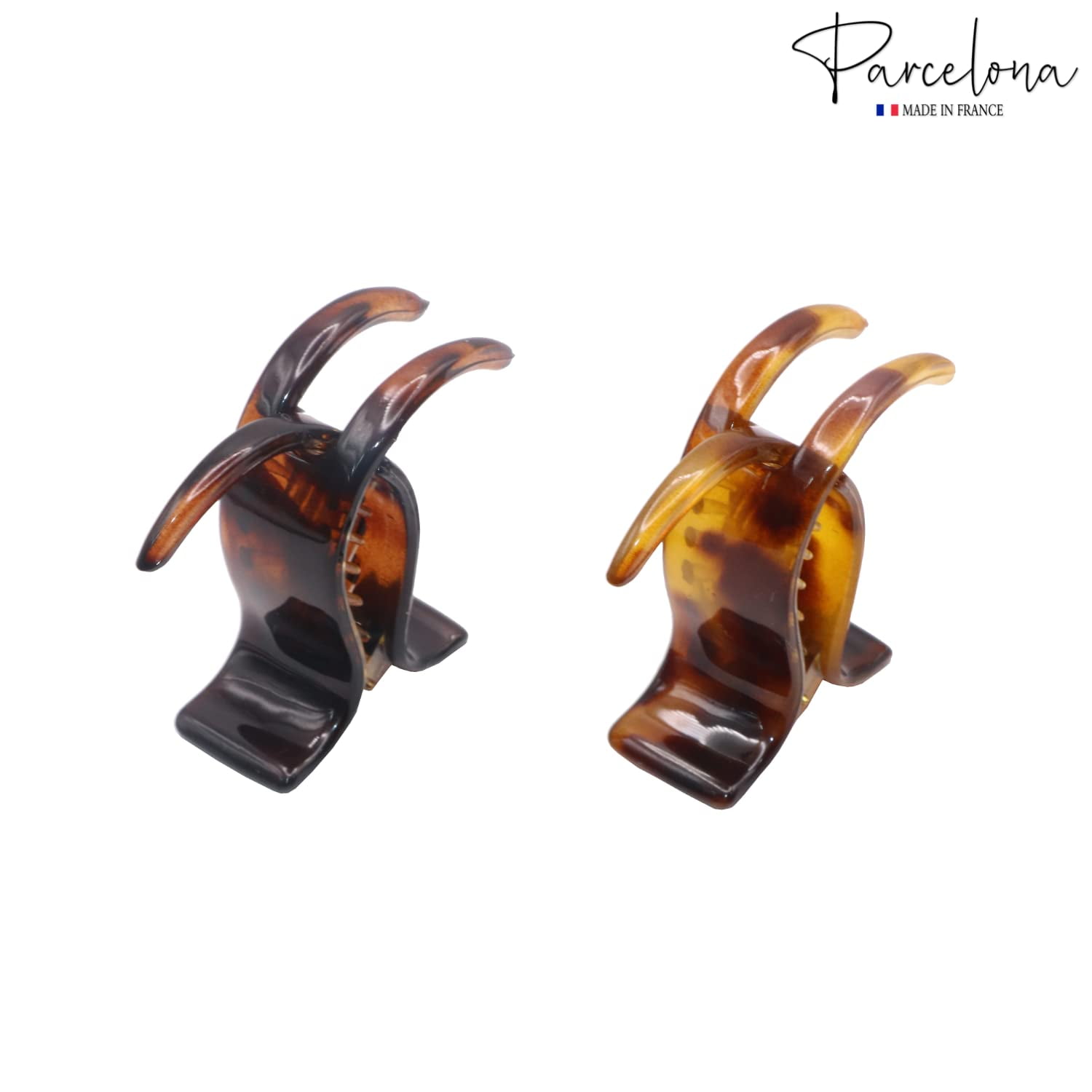 Parcelona French Small 3 Teeth Celluloid Fish Style Hair Claws for Women(2 Pcs) (SavanaandTortoiseShell)