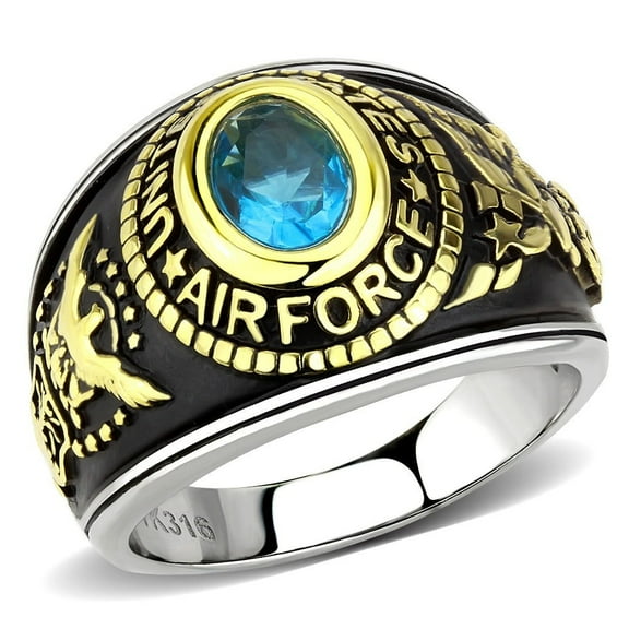 Women's 316 Stainless Steel Two Tone Gold Air Force Military Blue Topaz CZ Ring - Size 10