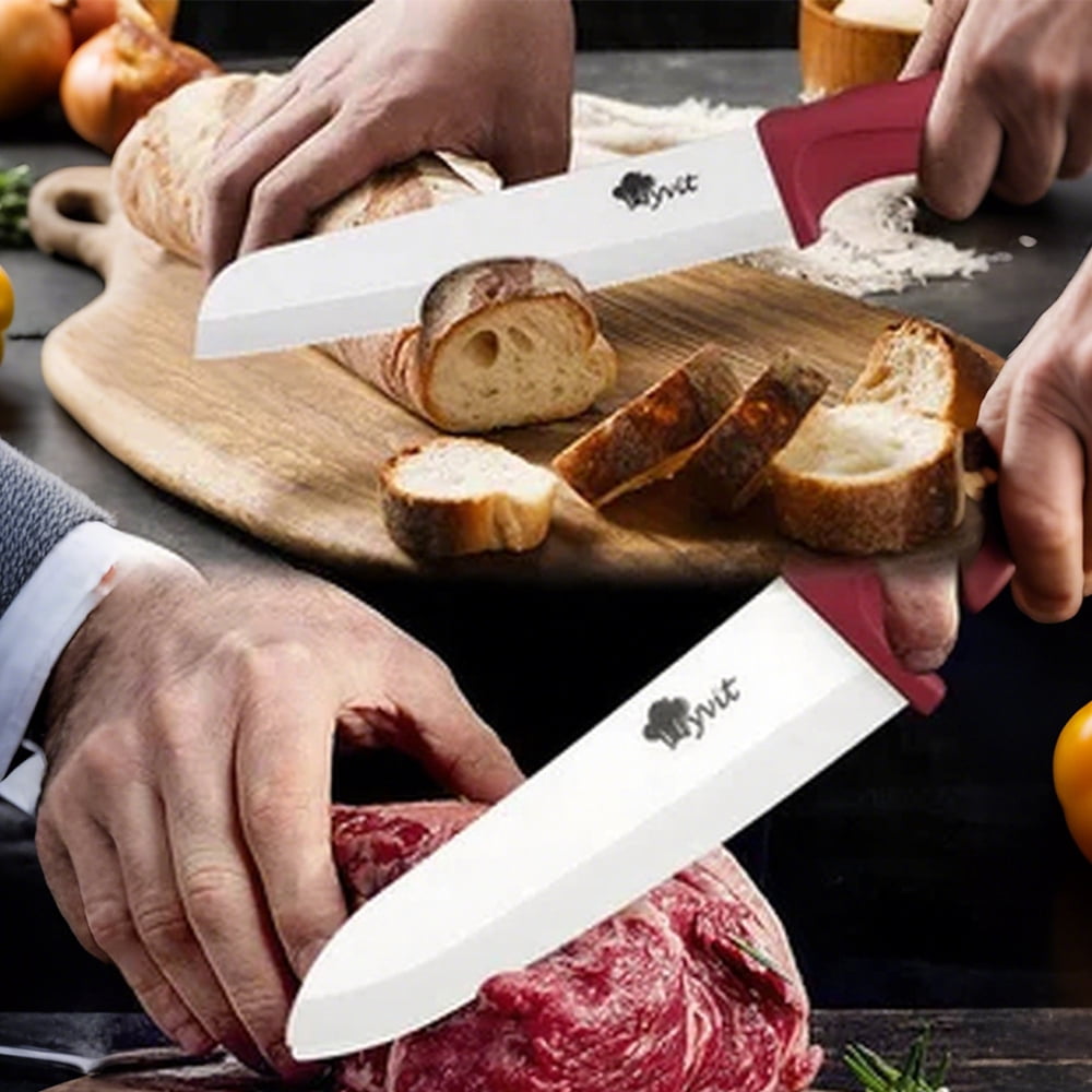 MYVIT Ceramic Knife Set for Kitchen, 11 Piece Fruit Cutting Knife Sharp Paring Knife with Blade Guards and Gift Box,3" 4" 5" Paring,6" Chef & 6" Serrated Bread Knife,Dishwasher Safe,Red