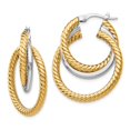 thumbnail image 1 of 14k Yellow and White Gold Two Tone and Textured Tri-Tube Hoop Earrings - 30mm x 25mm, 1 of 4