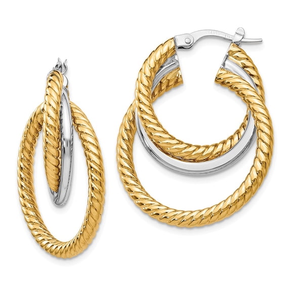 14k Yellow and White Gold Two Tone and Textured Tri-Tube Hoop Earrings - 30mm x 25mm