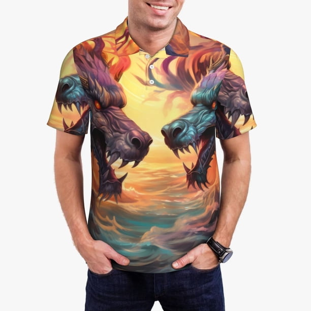 Fotbe Colorful Wave Dragon Head Camiseta Polo de Golf para Hombre con Estampado – Camisa Deportiva Transpirable con Cuello Abotonado-4X-Large