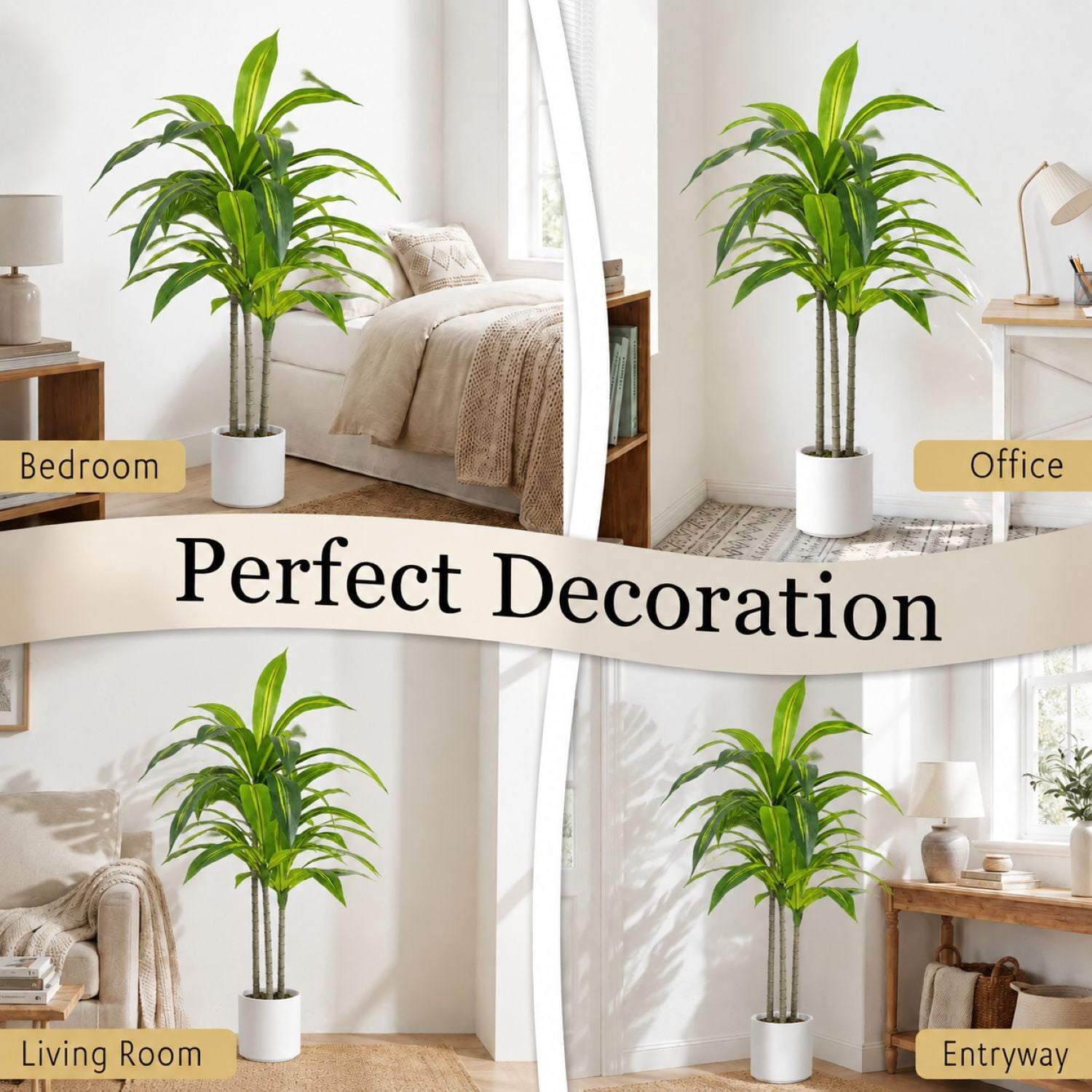 Easy4Home 3.6FT Artificial Plant Fake Dracaena Tree Potted Indoor Faux Floor Plant for Home Office Decor, White Pot