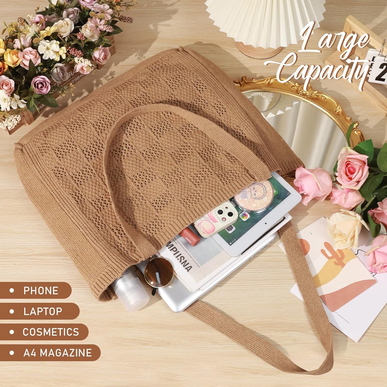 CAILDANL Crochet Bags for Women - Large Tote Aesthetic Handbag Shoulder Hippie Knit Bag