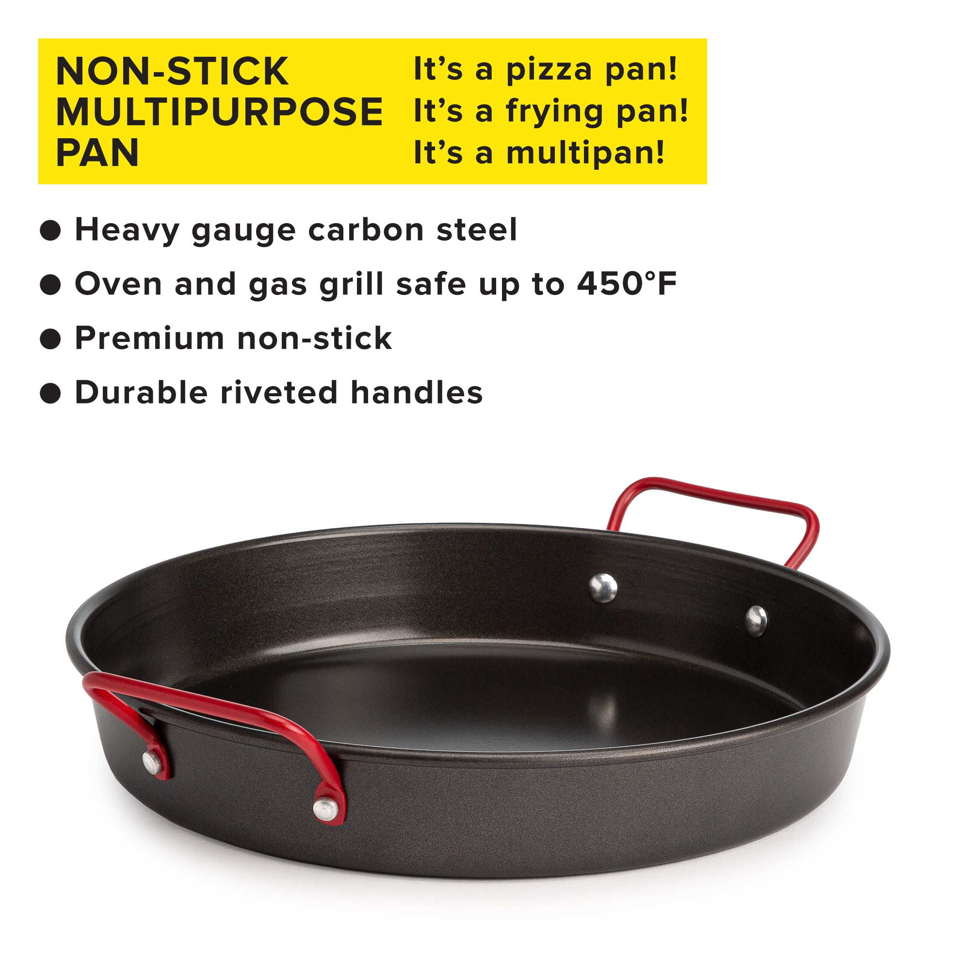 Tasty Non-Stick Multipurpose Pan, Heavy Gauge Carbon Steel, Stovetop, Oven and Gas Grill Safe Up to 450°F, Premium Non-Stick Coating, 12"