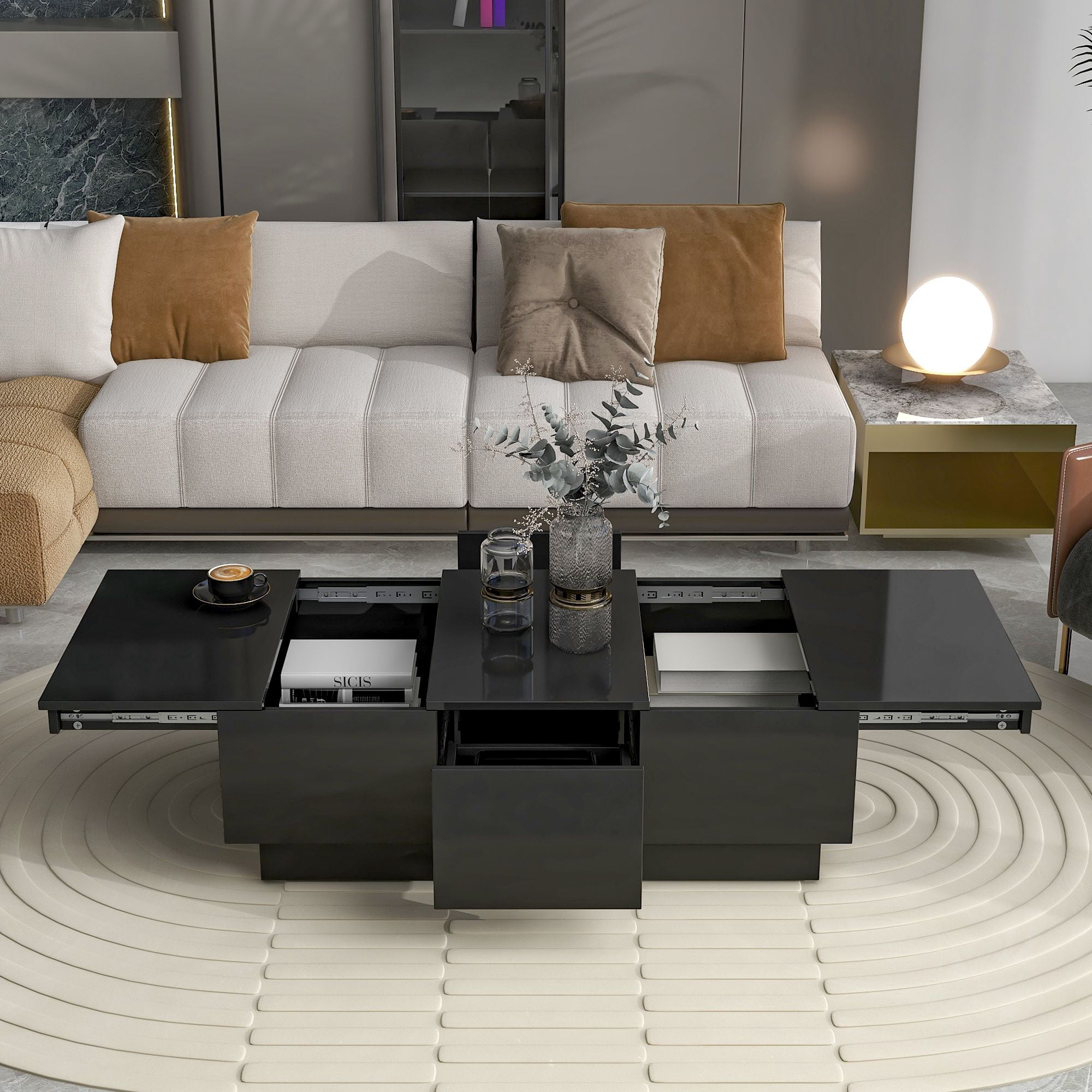 DEALTOPS Modern Coffee Table with Sliding Top and 2 Hidden Storage Compartments, High-gloss End Table with 2 Drawers for Living Room -Black