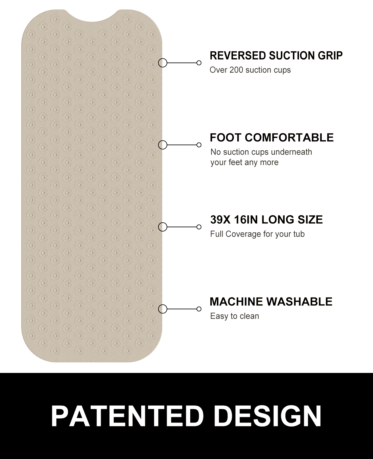 OTHWAY No Suction Cup Bath Mat: 39x16inch Extra Long Bathmat, Machine Washable, Made of Nature Rubber, Protect Your Bathtub (Brown)