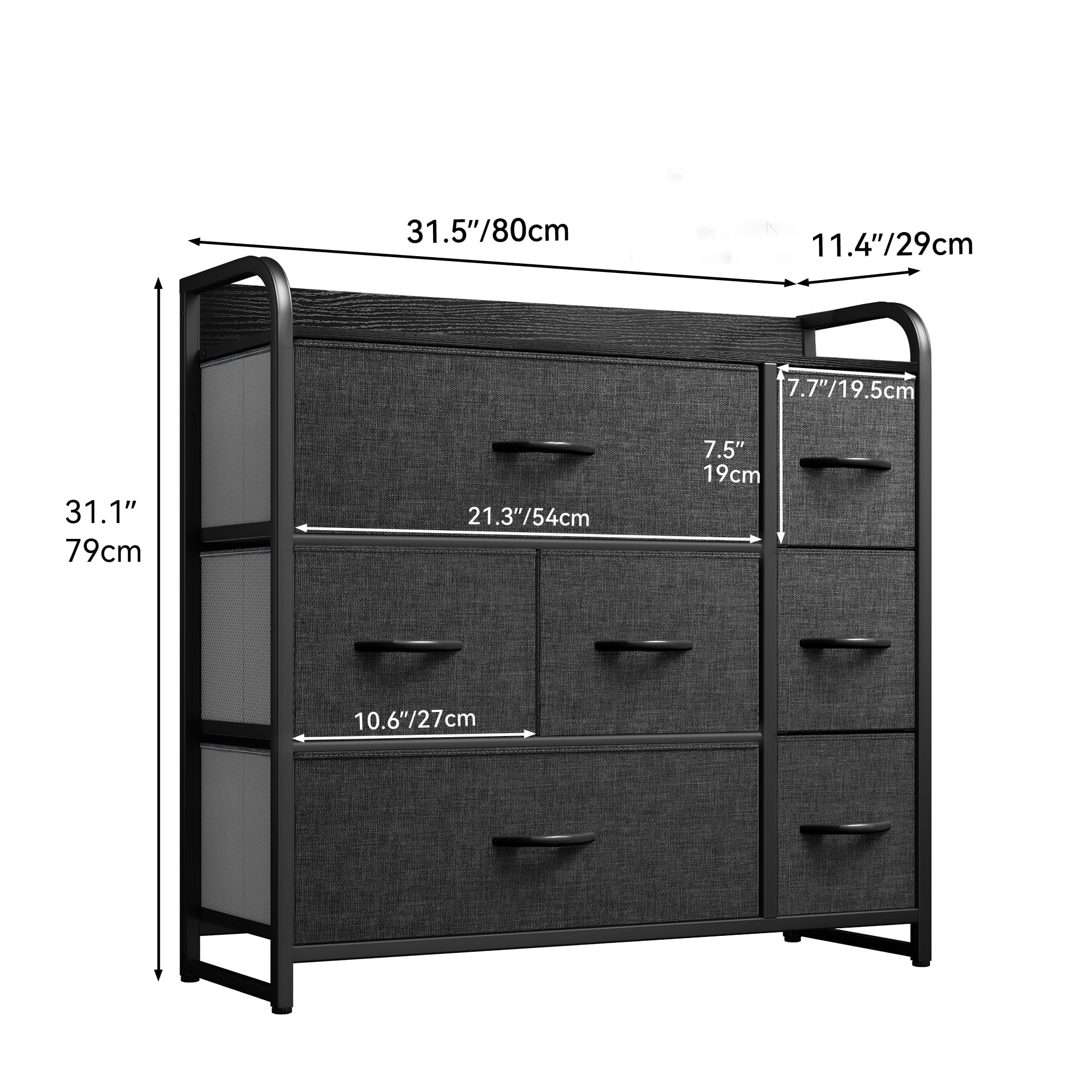Uforic Fabric Storage Dresser with 7 Drawers Steel Frame & Wooden Top for Bedroom, Living Room, Hallway & Closet Black Gray