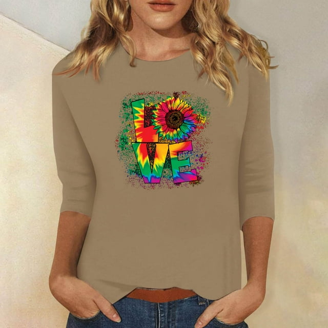 Qertyioot Cadeau de Saint-Valentin pour Femmes, Mode Manches Trois-Quarts Col Rond Rétro Imprimé de Noël Haut Ample Blouse Manches Trois-Quarts