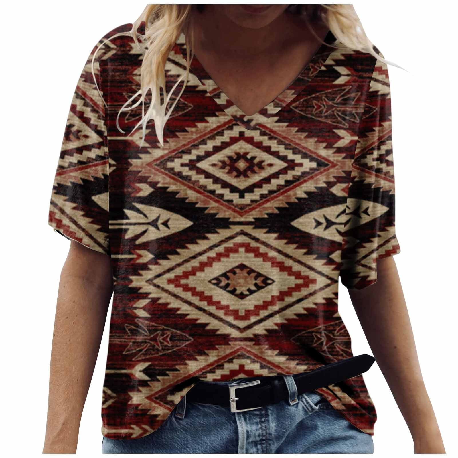 TQWQT Womens T Shirts Loose Fit Western Tribal Ethnic Shirt