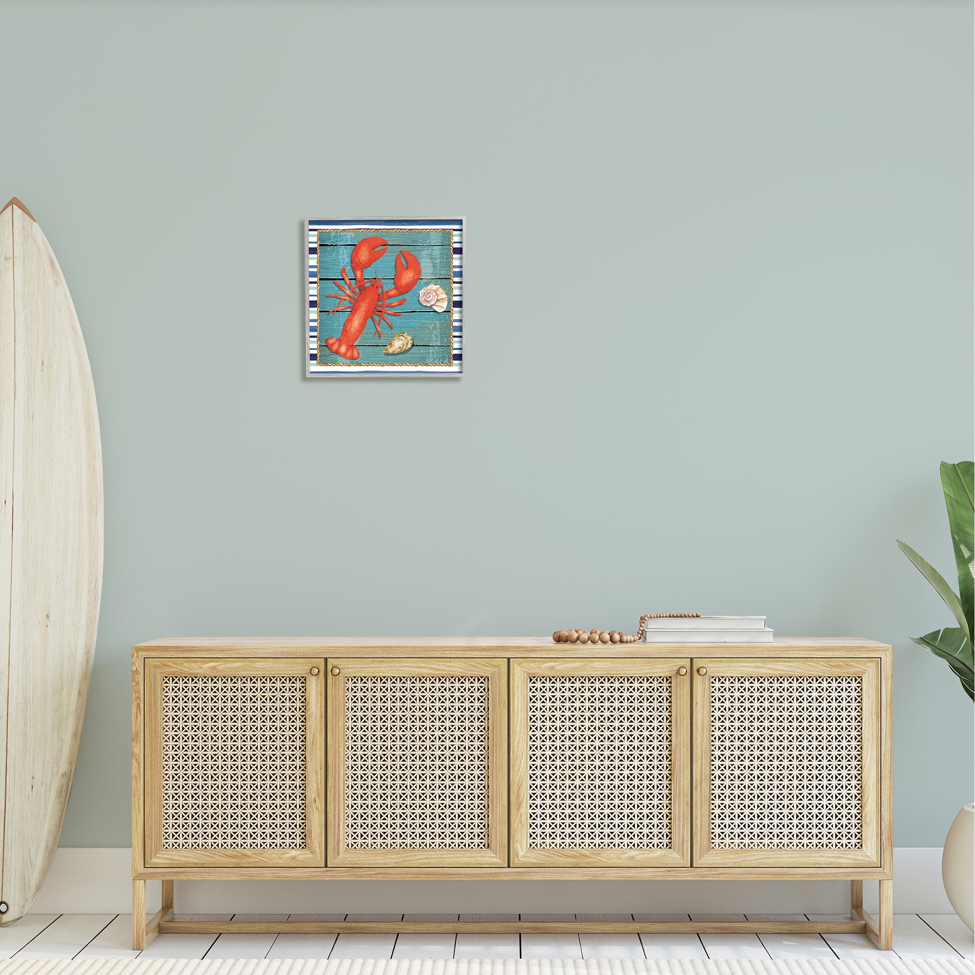 Stupell Lobster & Shells Coastal Stripes Landscape Painting Gray Framed Art Print Wall Art