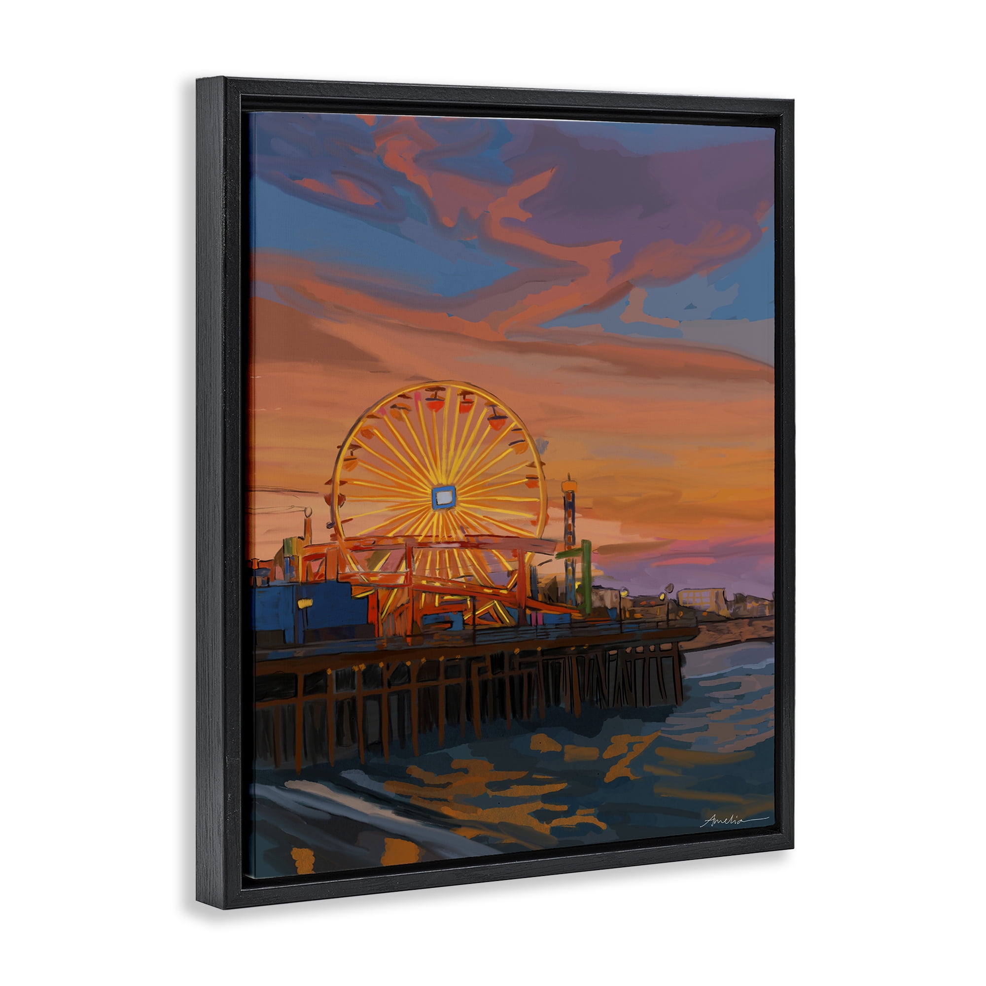 Stupell Industries Santa Monica Pier Sunset Black Framed Floater Canvas Wall Art, design by Amelia Noyes