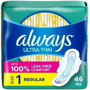 Always Pads, Ultra Thin with Wings, Size 1, Regular, 46 Count