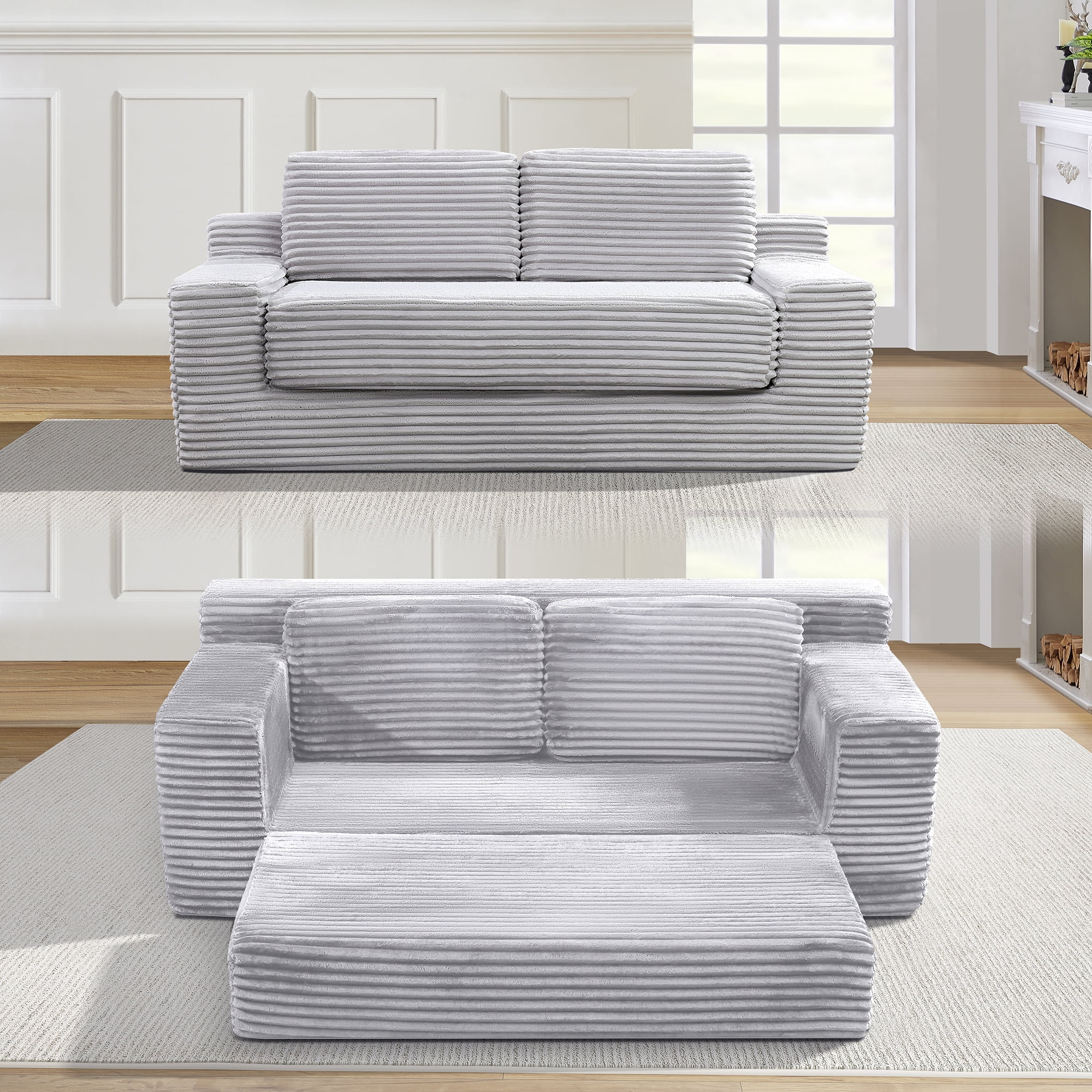 Howcool 71" Boneless Loveseat Sleeper Sofa,2 in 1 Pull Out Convertible Corduroy Floor Couch with Side Storage Pockets & 2 Throw Pillows,Foldable Guest Couch for Living Room,No Assembly Required,Grey
