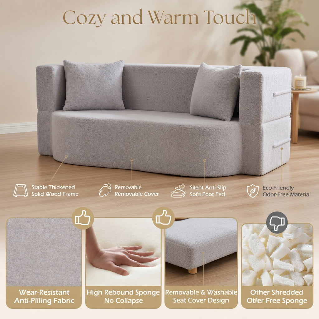 Hommoo 75.5" 2-in-1 Folding Sofa Bed, Teddy Fleece Convertible Floor Loveseat with Removable Washable Cover, Ergonomic Curved Back, 2 Plush Pillows, Gray