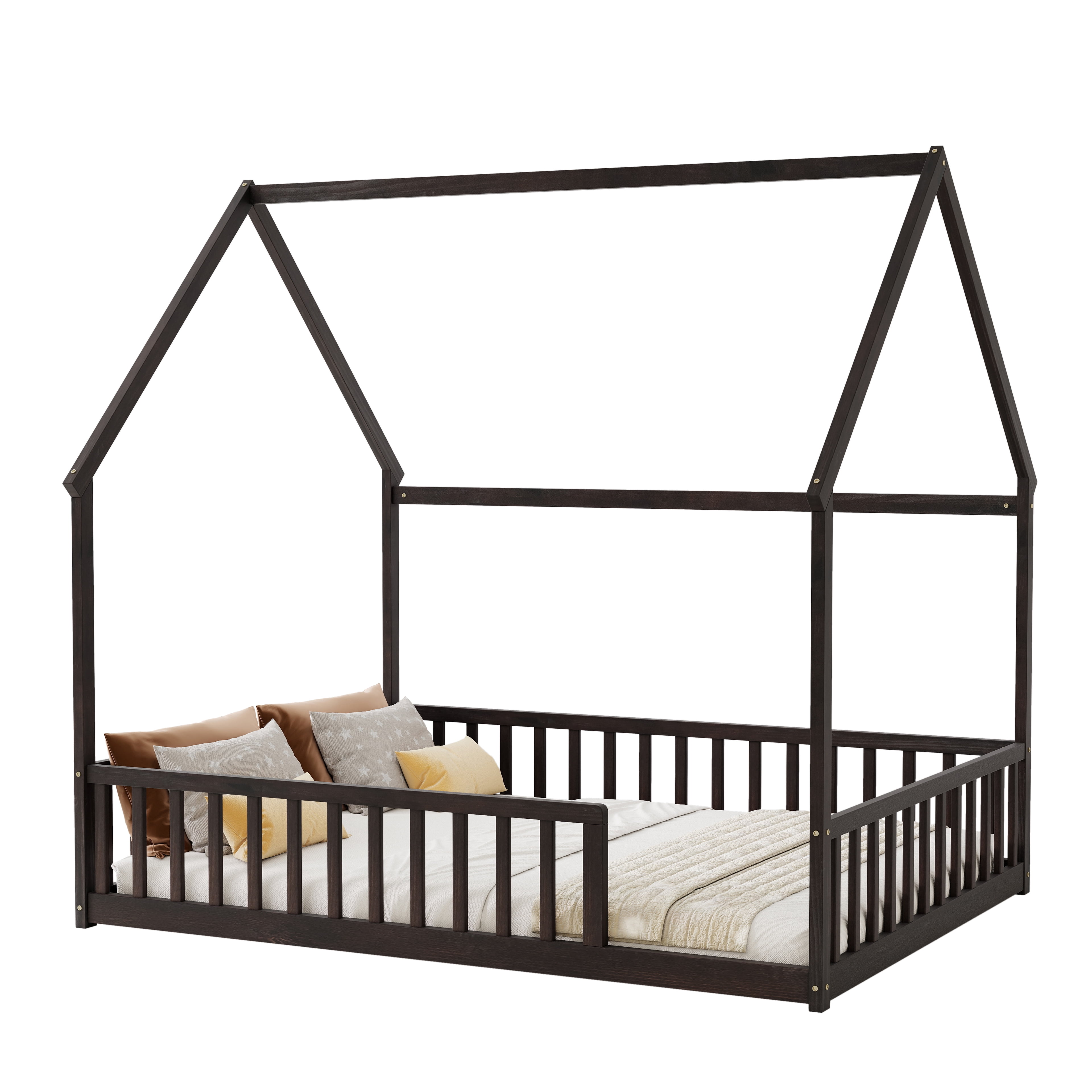 Full Size House Floor Bed with Full Surround Safety Fence, Solid Pine Wood Montessori Kids Playhouse Bed Frame Max 300 LBS No Box Spring Needed for Toddler Bedroom Nursery