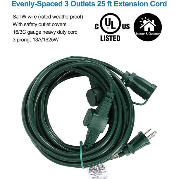 DEWENWILS 25 Ft Outdoor Extension Cord Multiple Outlets, Evenly Spaced 3 Outlets  Plugs with Safety Cover, 16/3 SJTW 