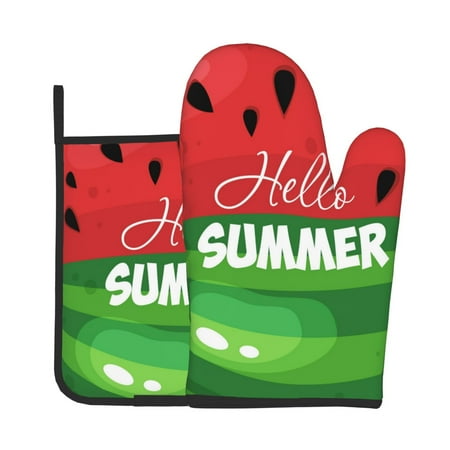 

Xecao Watermelon Hello Summer Pattern Oven Mitts and Pot Holders Sets Heat Resistant Silicone Oven Mittens Extra Thicken Long Kitchen Cotton Oven Glove for Cooking
