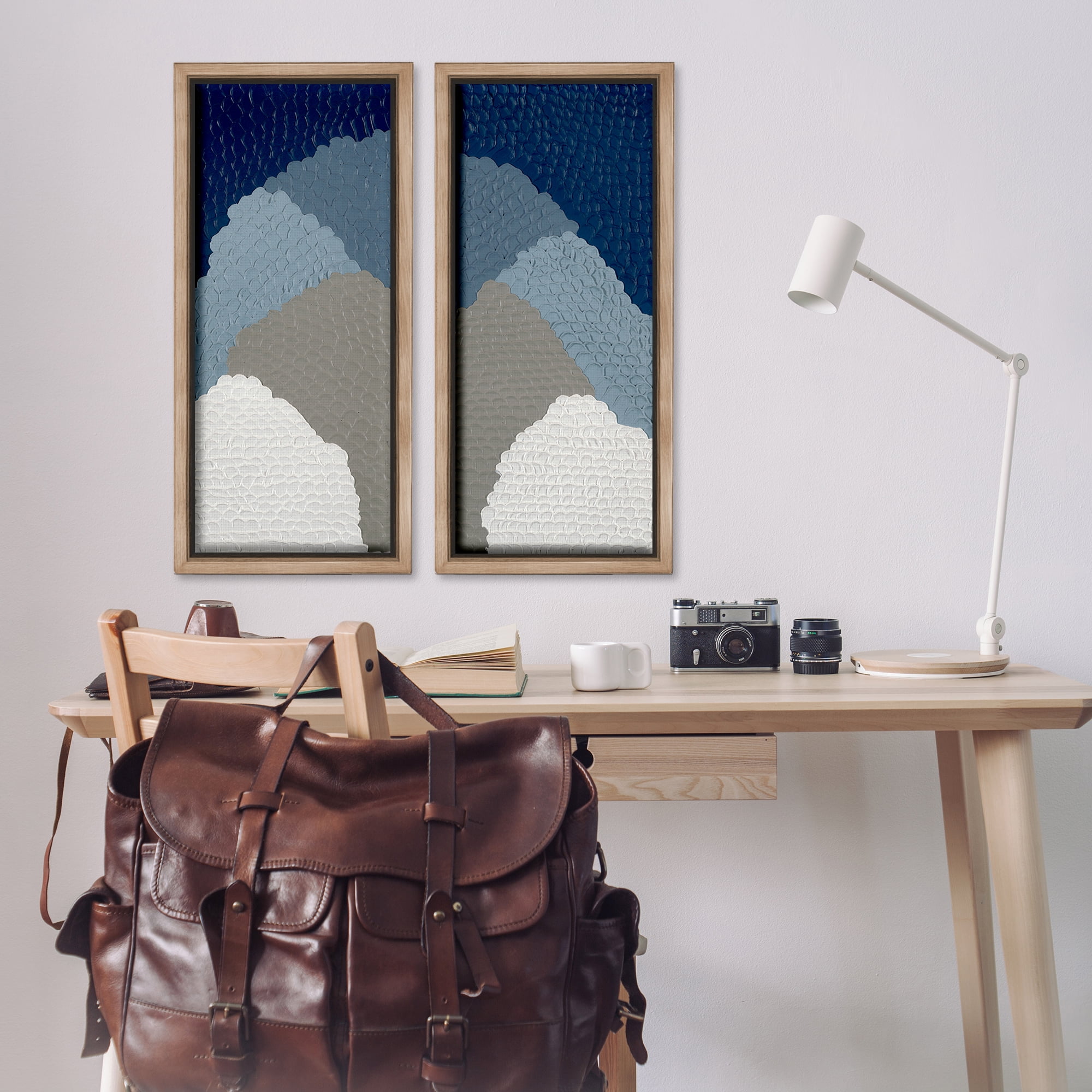 Stupell Industries Textured Blue Abstract Mountains Abstract Painting Brown Floater Framed Canvas Art Print Wall Art, 14 x 31, Set of 2