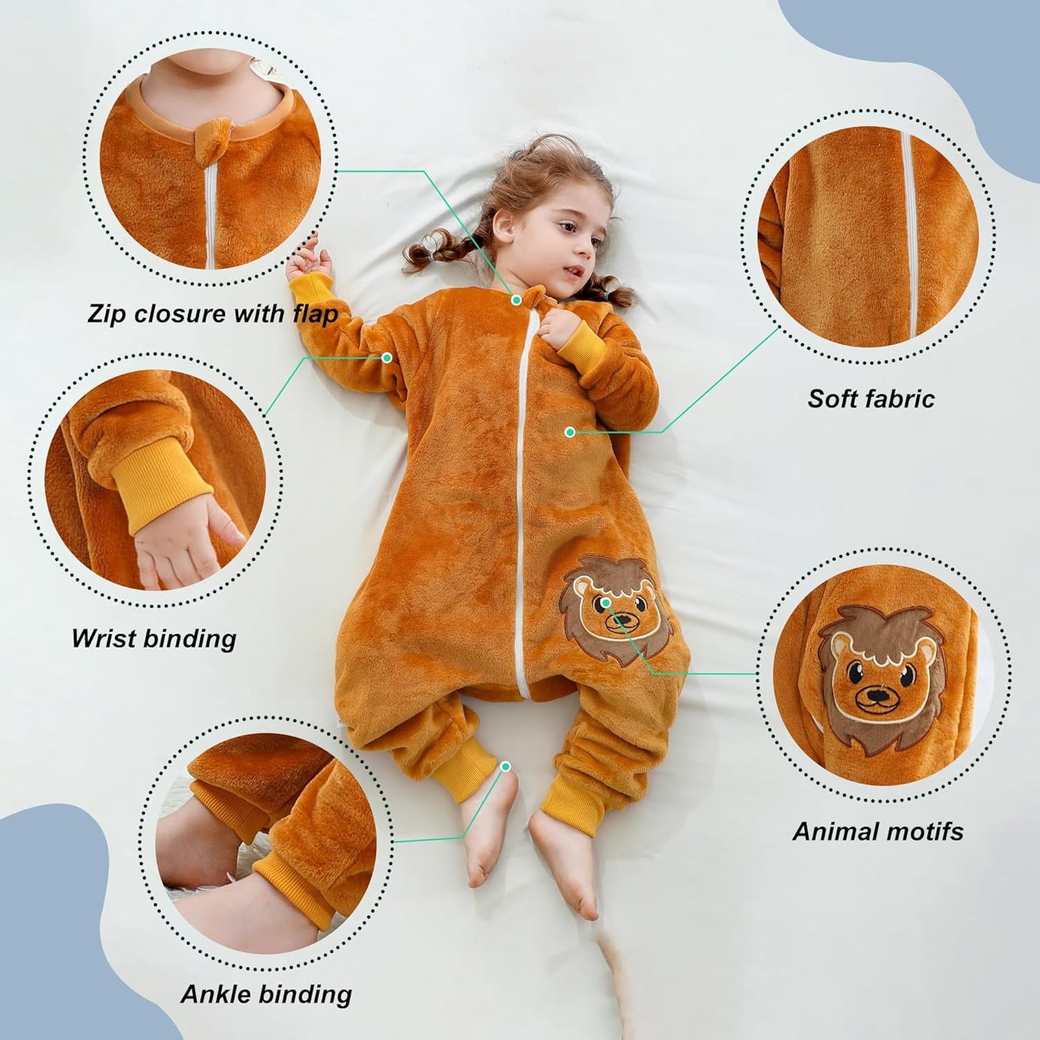ATAIKU Toddler Sleeping Sack 9M-6T Winter Warm Flannel 2-Way Zipper Baby Sleep Sack with Feet, Infant Animal Lion Wearable Blanket