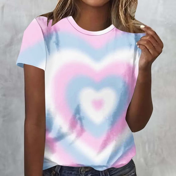 EchfiProm Valentine Day Shirts for Women Graphic Tee Tie Dye Heart Valentine Cute Crew Neck Short Sleeve Adults Tops