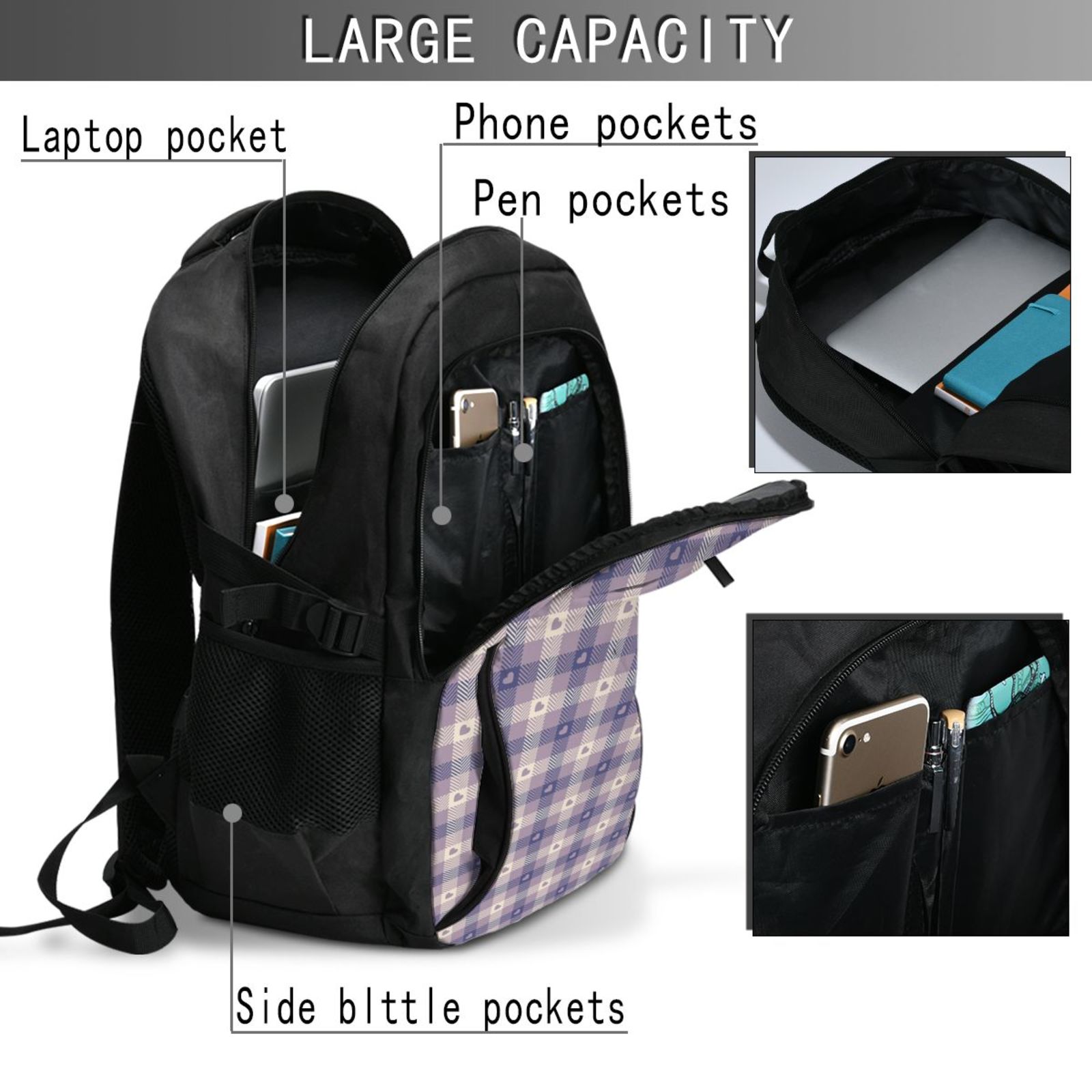 Vsdgher Heart Check Plaid Print Travel Laptop Backpack, Laptops Backpack with USB Charging Port, Water Resistant Computer Bag Gift for Men & Women