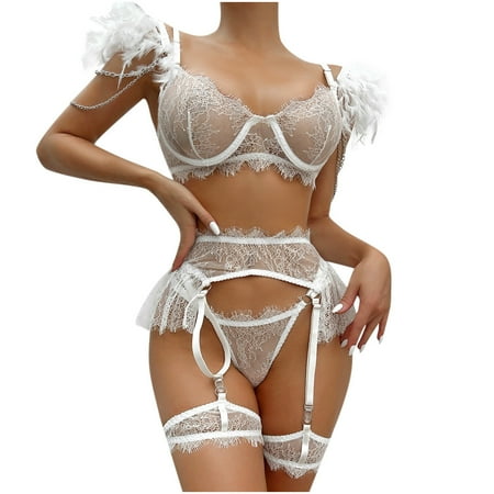 

Lingerie for Women Bodysuit Women s Dress Lace Lace Detachable Metal Chain Garter Underwear Feather 6-piece Set Bra And Panty Set (no Stockings) Sexy Black Lingerie