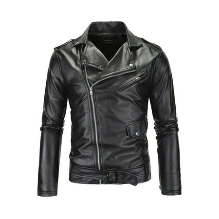 Men Long Sleeve Zipper Thick Leather Jacket (Best Zippers For Leather Jackets)