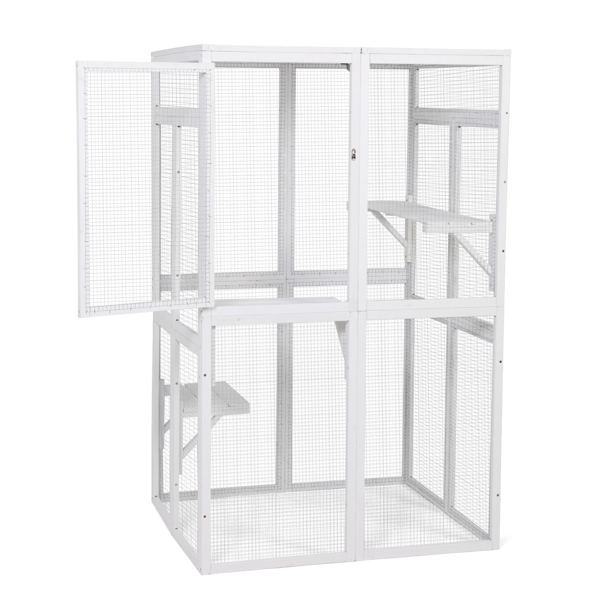 Imerelez Wooden Cat Catio, Outdoor Cat Enclosure, Cat House with Platforms, Sunshine Board, Hammock, Door, Kitten Cage Condo, White