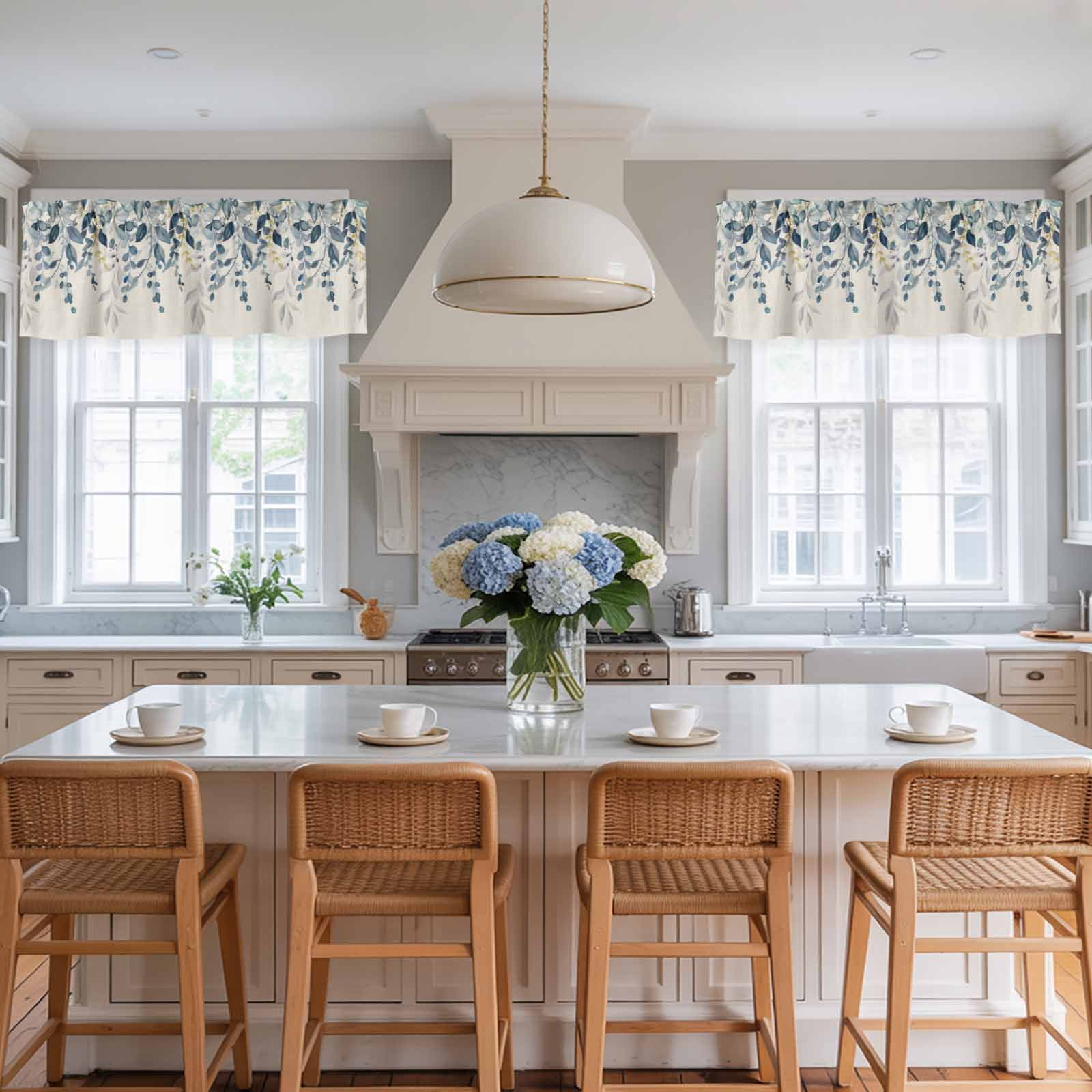 2 Pack Valances for Windows, Navy Blue Eucalyptus Window Valances for Living Room/Bedroom/Bathroom, Farmhouse Weeping Leaves Linen Light Filtering Kitchen Curtain Valance 42"W x12" L