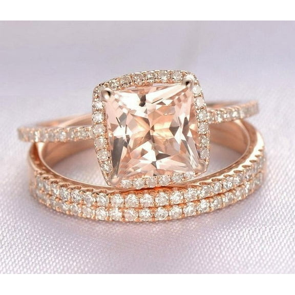 Sale 3 Carat 6mm Princess Cut Morganite Trio Wedding Bridal Ring Set in 10k Rose Gold with One Engagement Ring and 2 Wedding Bands