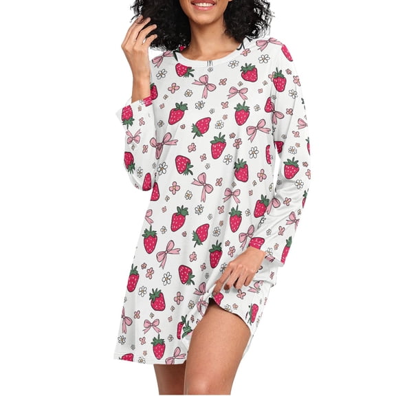 joogoo Strawberry Bows Floral Women's Long Sleeve Nightgown Sleepwear L