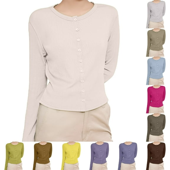Gyexs Women Long Sleeve Button Up Ribbed Knit Crop Cardigan Y2K Slim Fit Round Neck Sweater Tshirt Fall Going Out Tops (Army Green, Size XL)