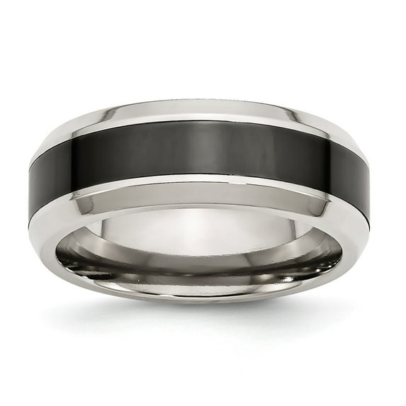 White Stainless Steel Ring Band Wedding Black Base with Polished Ceramic center Beveled