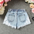 thumbnail image 5 of Girls Floral Lace Denim Shorts, Partial Elastic Waist Frayed Raw Hem Light Washed Jean Shorts, Cute Casual Summer Kids Bottoms for Daily Wear(Blue,8-9 Years), 5 of 9