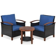 Giantex 3 Pieces Patio Furniture Set, Outdoor Rattan Sofa and Side Table w/Solid Acacia Wood Frame, High Load Bearing Conversation Bistro Set w/Washable and Removable Cushions