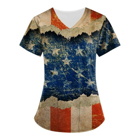 

Mlqidk Scrub Tops for Women American Flag Print Nurse Uniforms for Women Short Sleeve V-Neck Shirts Tee Tops with Pockets Beige XXXXL