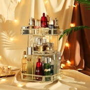 360 Rotating Makeup Organizer Spinning Cosmetic Makeup Swivel Antique Storage Box Mirror Glass Beauty Display, Gold Spin Large Capacity Vanity Organizer,Great for Countertop and Bathroom