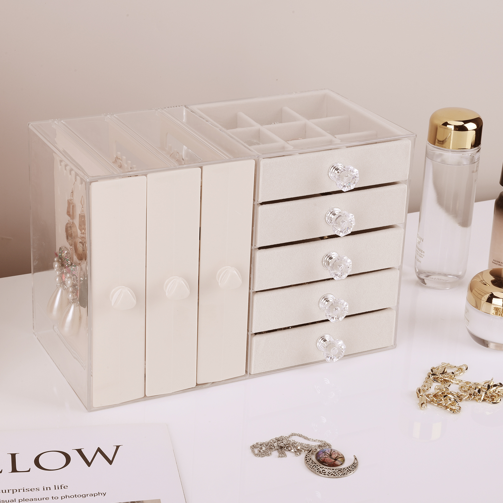Btidfty Jewelry Organizer Stand Multifunctional Necklace Display Holder with 4 Drawer Jewelry Holder Box Large Capacity for Bracelets Earrings Rings