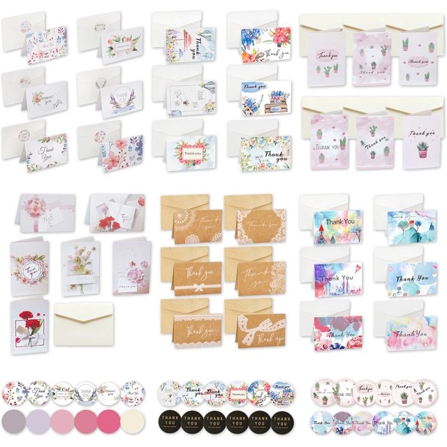 miduoudo-36 Pack Thank You Cards with Envelopes & Stickers, 6 Designs Thank You Cards Set, Blank Thank You Cards Bridal Shower Card Thank You Notes for Graduation Wedding Party Occasion