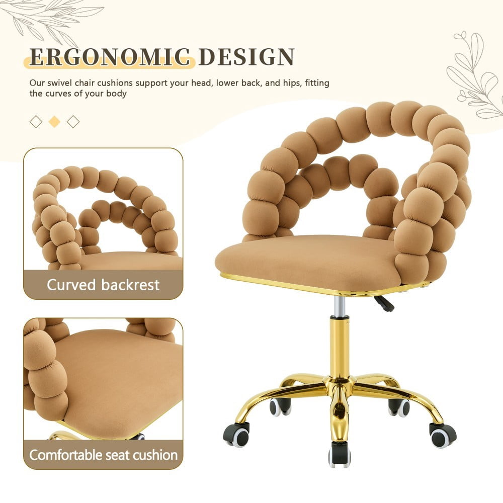 Velvet Office Chair, Adjustable Swivel Desk Chair with Bubble Back, Gold Metal Base, Rolling Vanity Chair for Home Office, Bedroom & Makeup Room, Brown