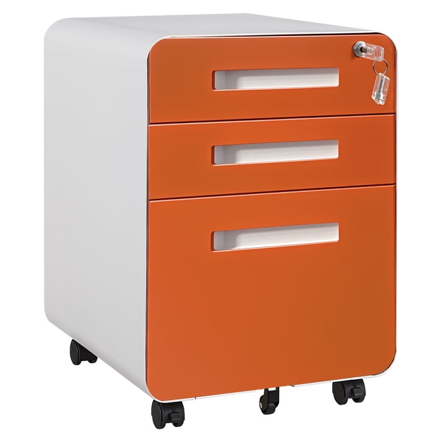 Classeur Métallique à 3 Tiroirs avec Serrure et Roulettes, Classeur Mobile Entièrement Assemblé pour Bureau à Domicile, Roulettes Anti-Inclinaison pour Rangement A4 Lettre Légal, Grain de Bois Bleu Orange Blanc Noir