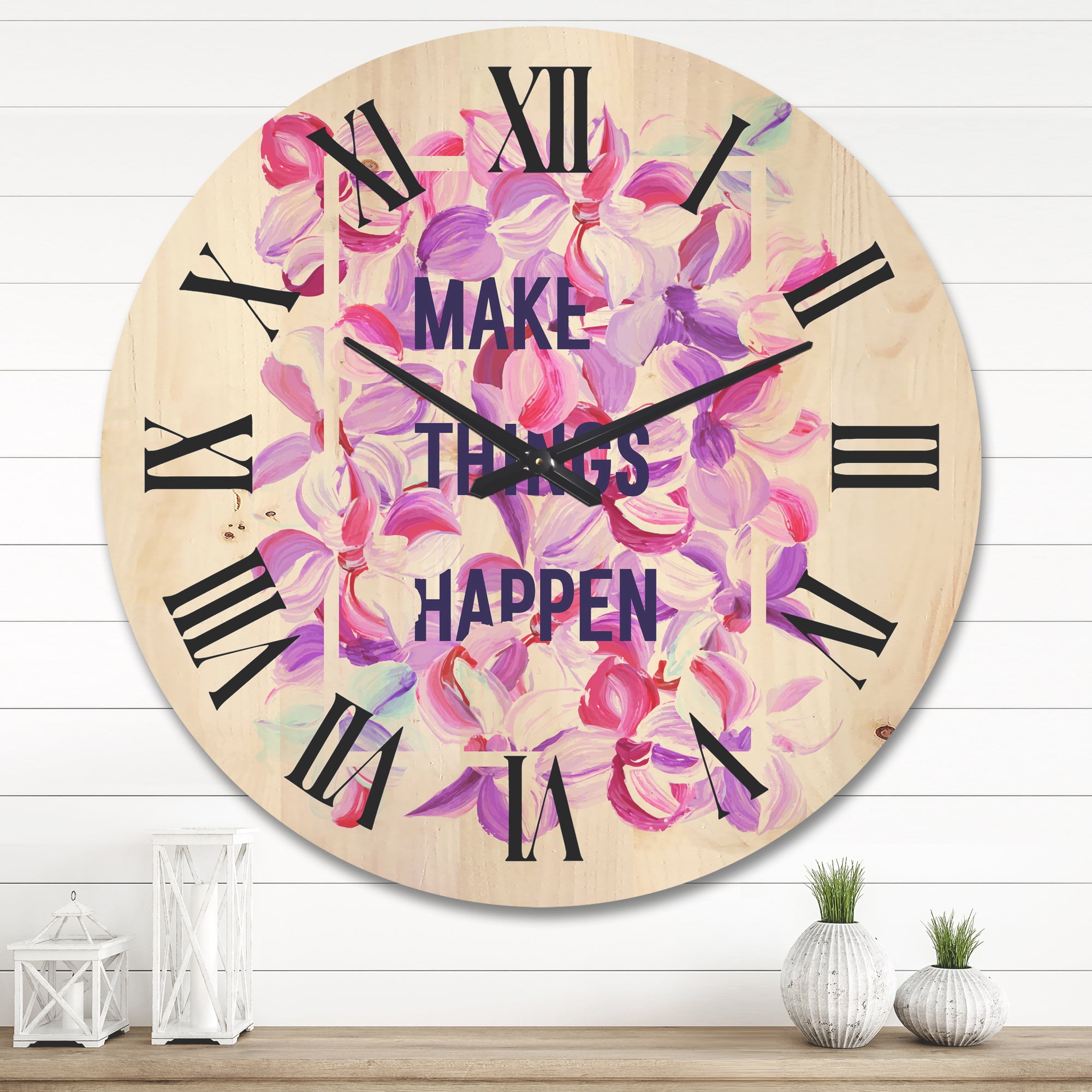 Designart 'Make Things Happen On Purple Flowers' Traditional Wood Wall Clock