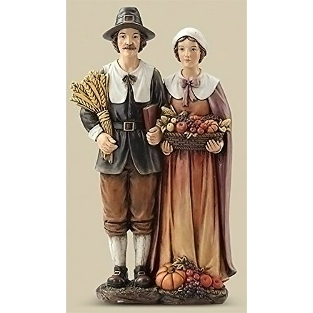 Harvest Brown Pilgrim Couple 14 Inch Resin Stone Decorative Tabletop