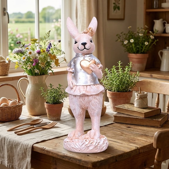 Easter Bunny Resin Figurine Home Decoration, Idyllic Rabbit Statue Desktop Ornament Decorative Display Accent, for Living Room Shelf Office Spring Party