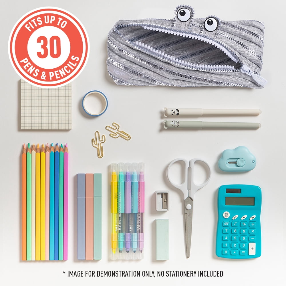 ZIPIT Monster Pencil Case for Kids, Large Capacity Cute Pencil Pouch, Holds up to 30 Pens, Made of One Long Zipper (Silver)