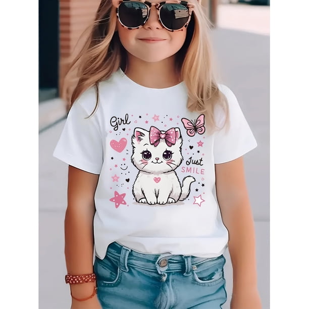 Girl Just Smile" Cute White Kitten Graphic Tee for Girls - Soft Cotton Casual Short Sleeve Shirt with Pink Bow, Hearts & Stars Design, Perfect for Spring/Summer/Fall, Autumn Girls Top | Cute Animal P