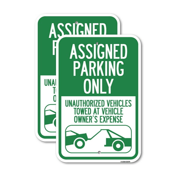 (2 Pack) Parking Restriction Sign Assigned Parking Only, Unauthorized Vehicles Towed at Owner Expense with Graphic | 12" X 18" Heavy-Gauge Aluminum Sign | Rust Free Aluminum, Weather