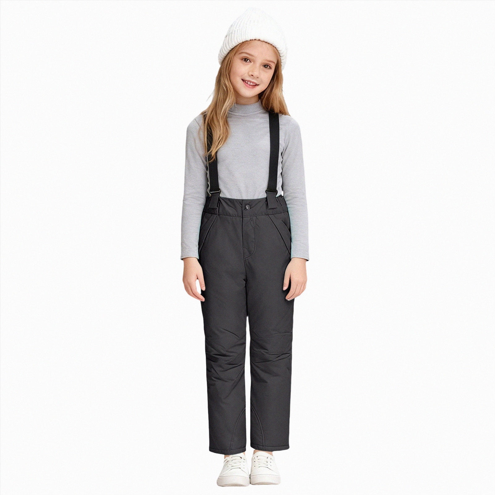 KPOPLK Kids Winter Insulated Snow Bib Pants Detachable Suspenders Windproof Waterproof Trousers With Pockets for Boys Girls Outdoor Wear Size 9-10 Years