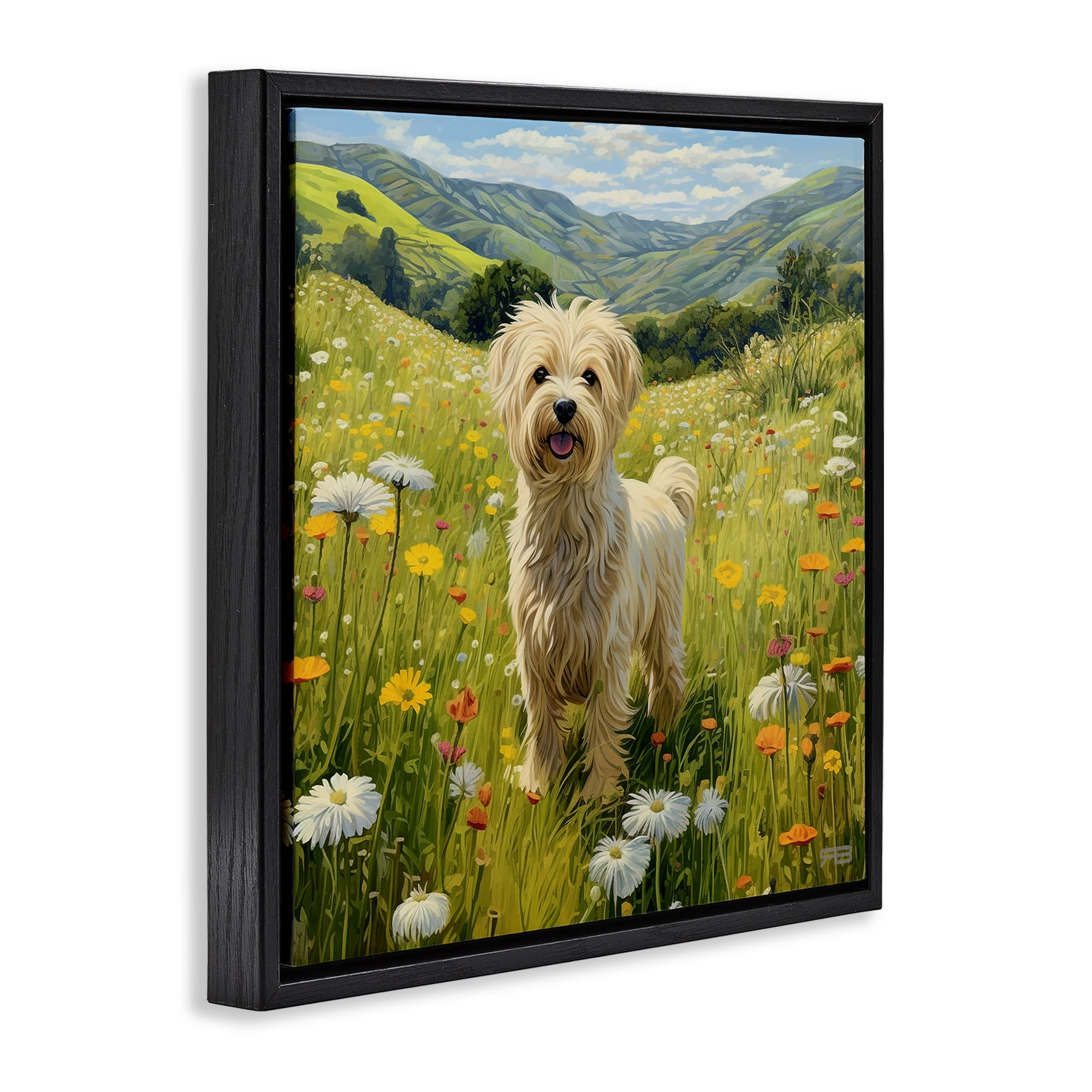 Stupell Industries Terrier Dog Rural Meadow Landscape Painting Black Floater Framed Canvas Art Print Wall Art, 25 x 25